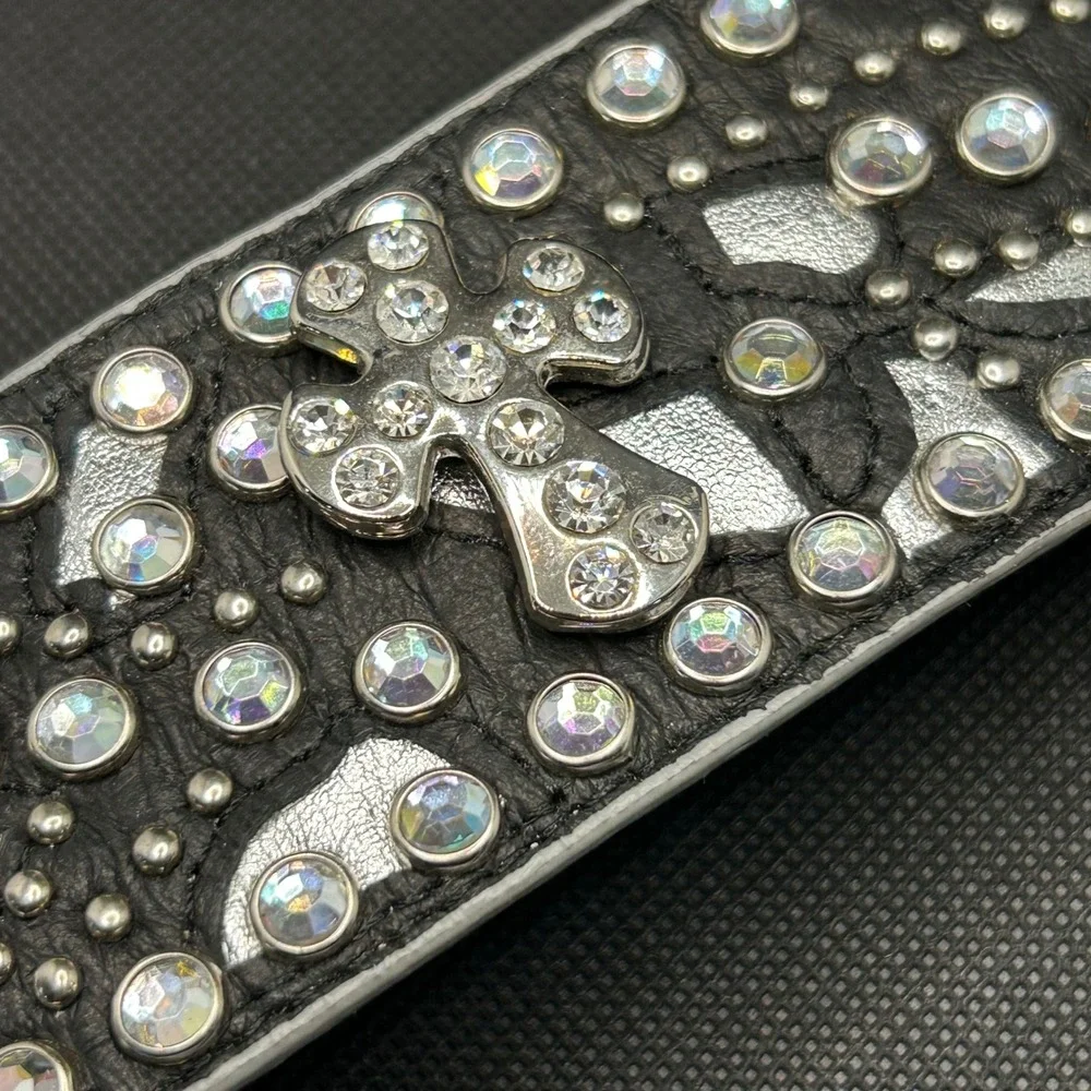 Punk Western Leather Cross Cuff Bracelet Black Silver Rhinestone Studded Edgy 7